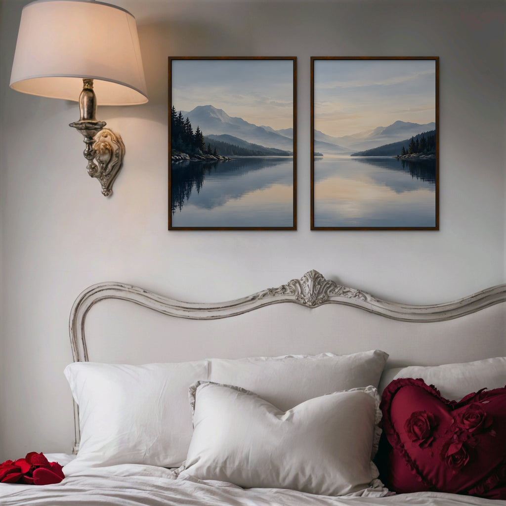 Misty Lake Dawn Canvas Art - Set of 2 – Walnut Floating Frame in room setting