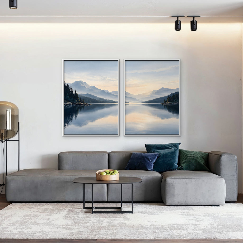 Misty Lake Dawn Canvas Art - Set of 2 – White Floating Frame in room setting