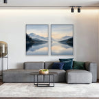 Misty Lake Dawn Canvas Art - Set of 2 – White Floating Frame in room setting