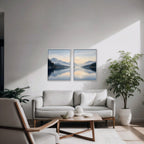 Misty Lake Dawn Canvas Art - Set of 2 – White Floating Frame in room setting