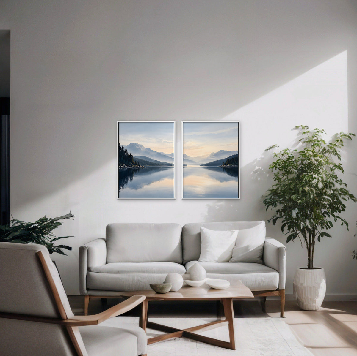 Misty Lake Dawn Canvas Art - Set of 2 – White Floating Frame in room setting