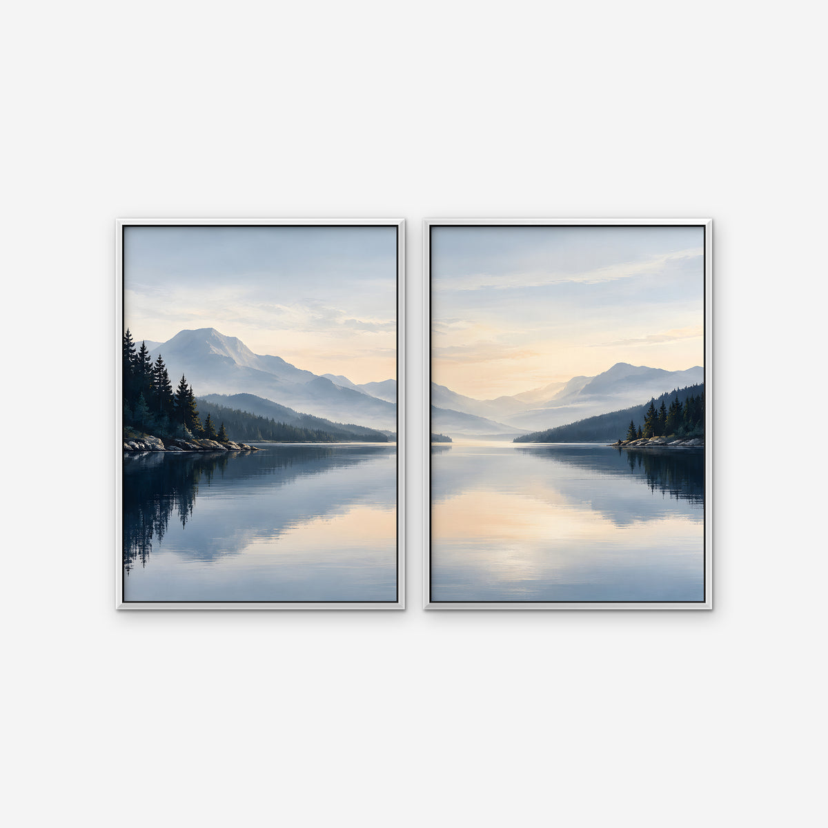 Misty Lake Dawn Canvas Art - Set of 2 – White Floating Frame on white background