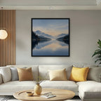 Misty Lake Dawn Canvas Art - Square – Black Floating Frame in room setting
