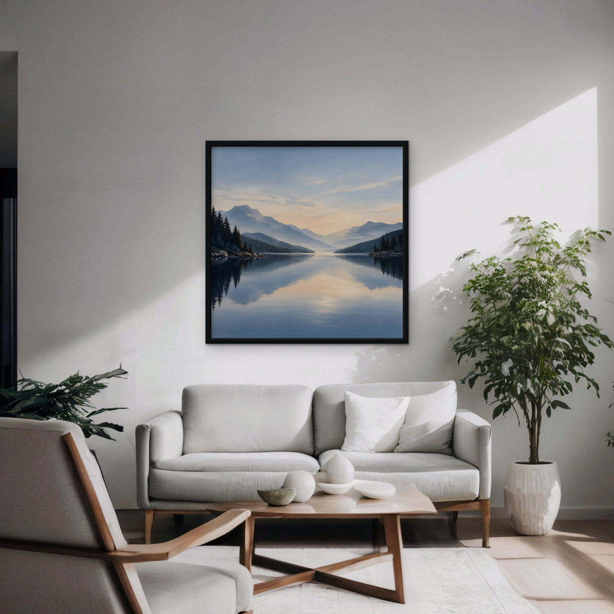 Misty Lake Dawn Canvas Art - Square – Black Floating Frame in room setting