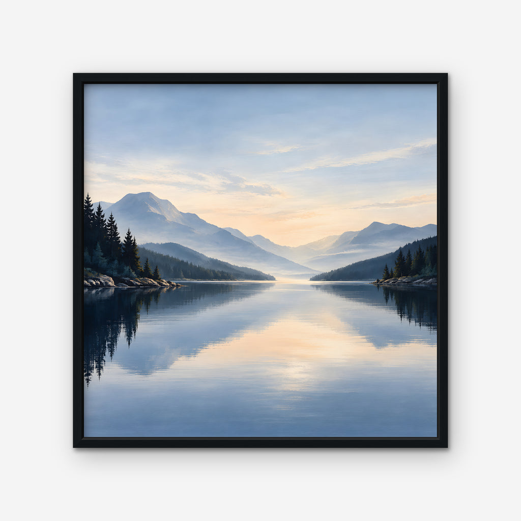 Misty Lake Dawn Canvas Art - Square – Black Floating Frame on white background