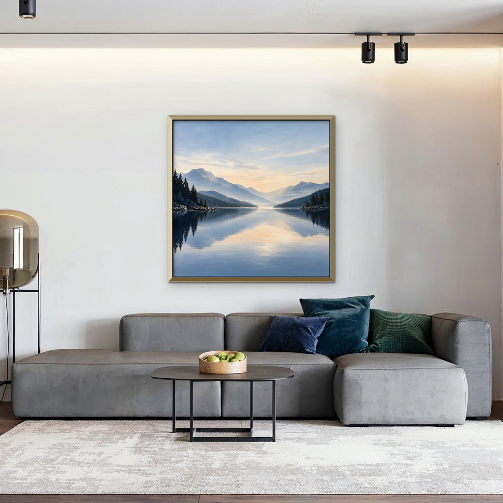 Misty Lake Dawn Canvas Art - Square – Gold Floating Frame in room setting