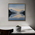 Misty Lake Dawn Canvas Art - Square – Gold Floating Frame in room setting