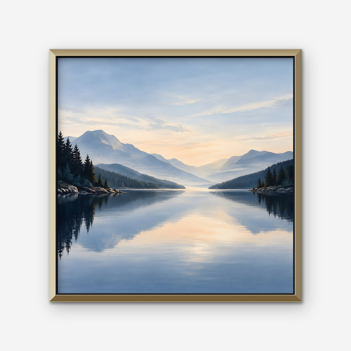 Misty Lake Dawn Canvas Art - Square – Gold Floating Frame on white background