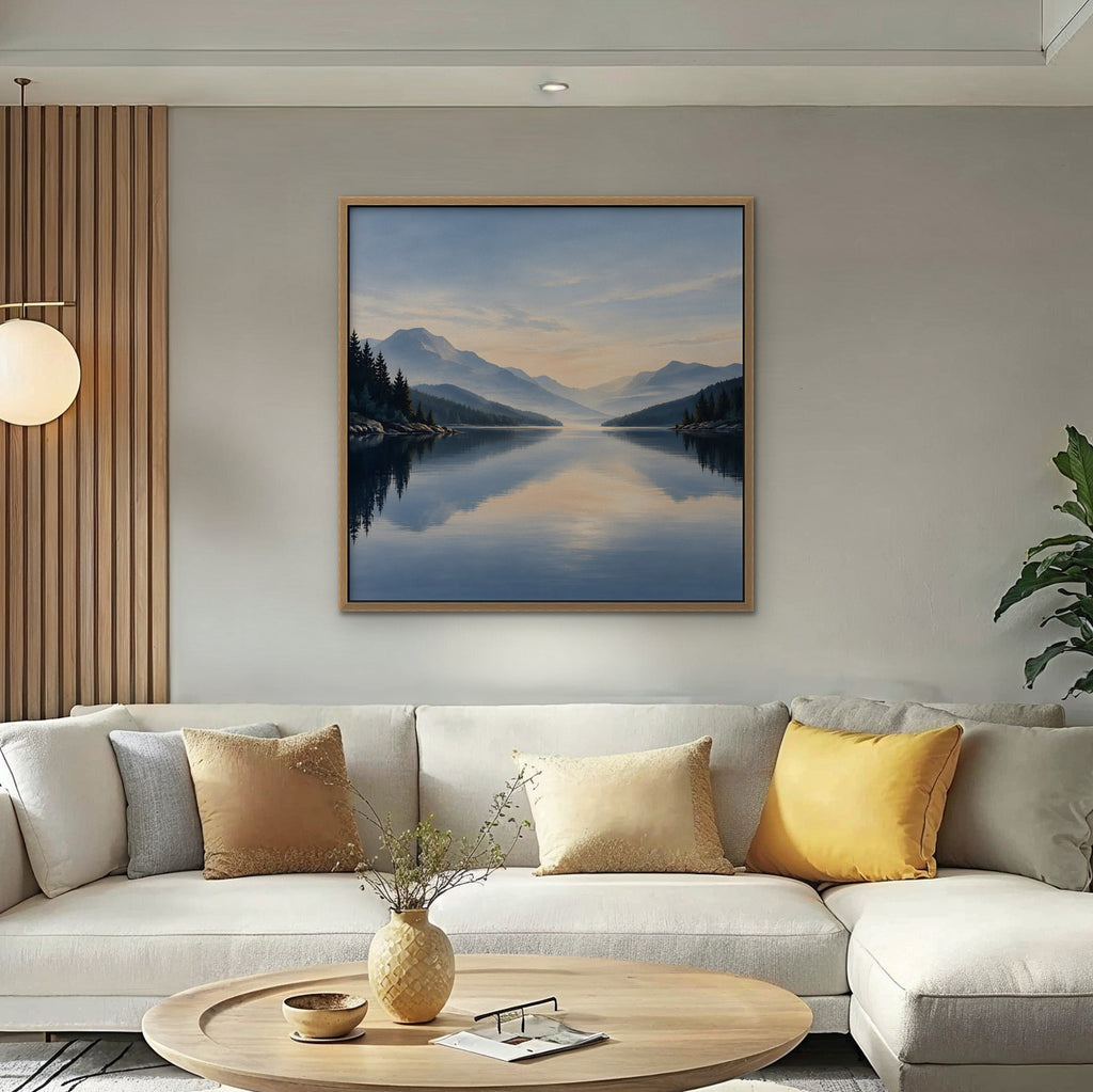 Misty Lake Dawn Canvas Art - Square – Oak Floating Frame in room setting