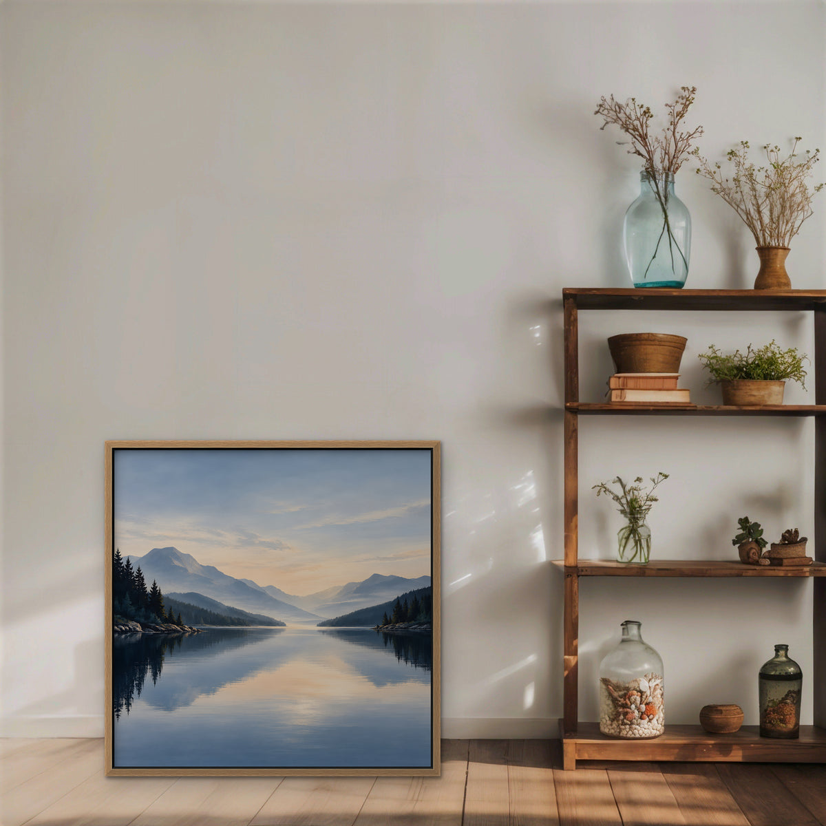 Misty Lake Dawn Canvas Art - Square – Oak Floating Frame in room setting