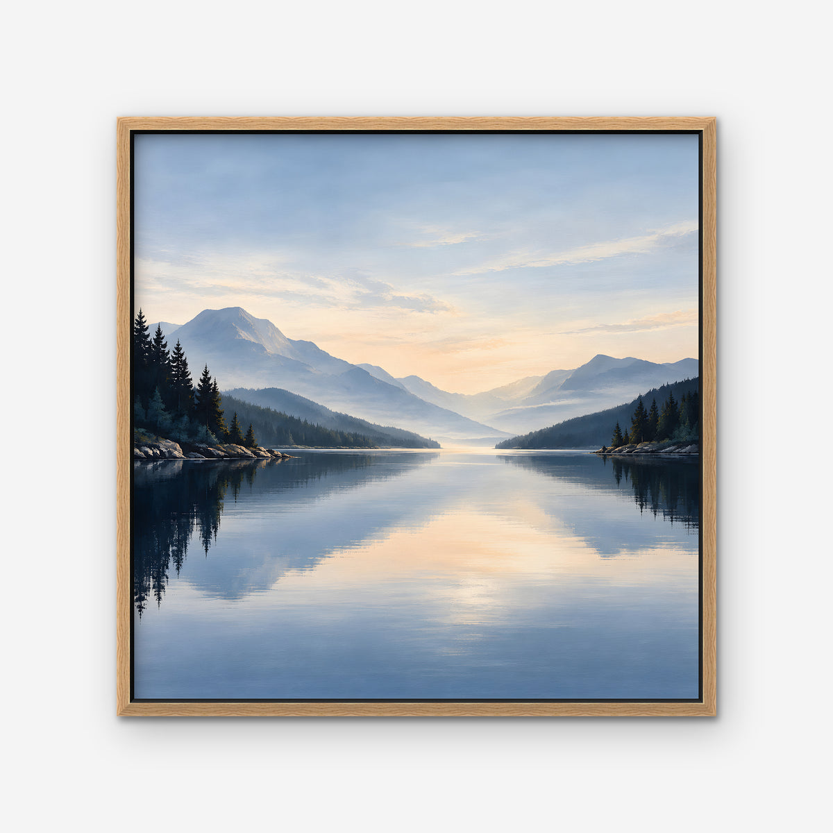 Misty Lake Dawn Canvas Art - Square – Oak Floating Frame on white background