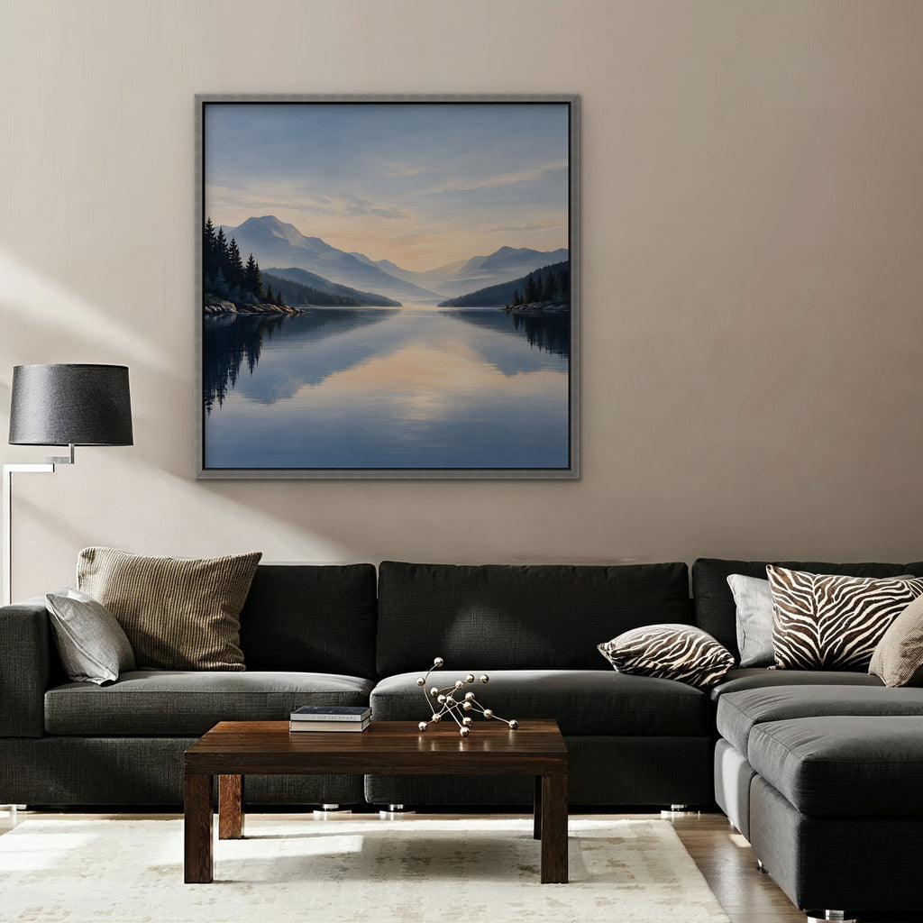Misty Lake Dawn Canvas Art - Square – Silver Floating Frame in room setting