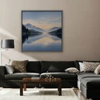 Misty Lake Dawn Canvas Art - Square – Silver Floating Frame in room setting