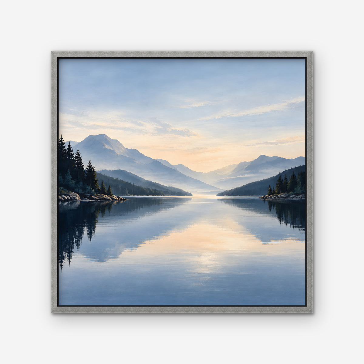 Misty Lake Dawn Canvas Art - Square – Silver Floating Frame on white background