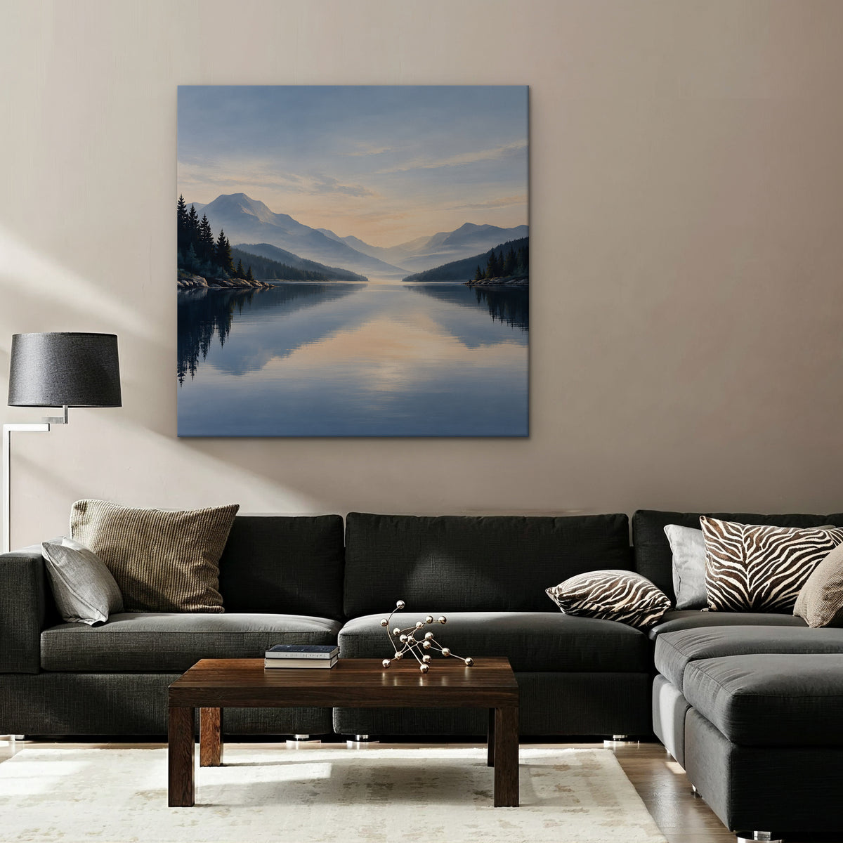 Misty Lake Dawn Canvas Art - Square – Stretched Canvas Only in room setting