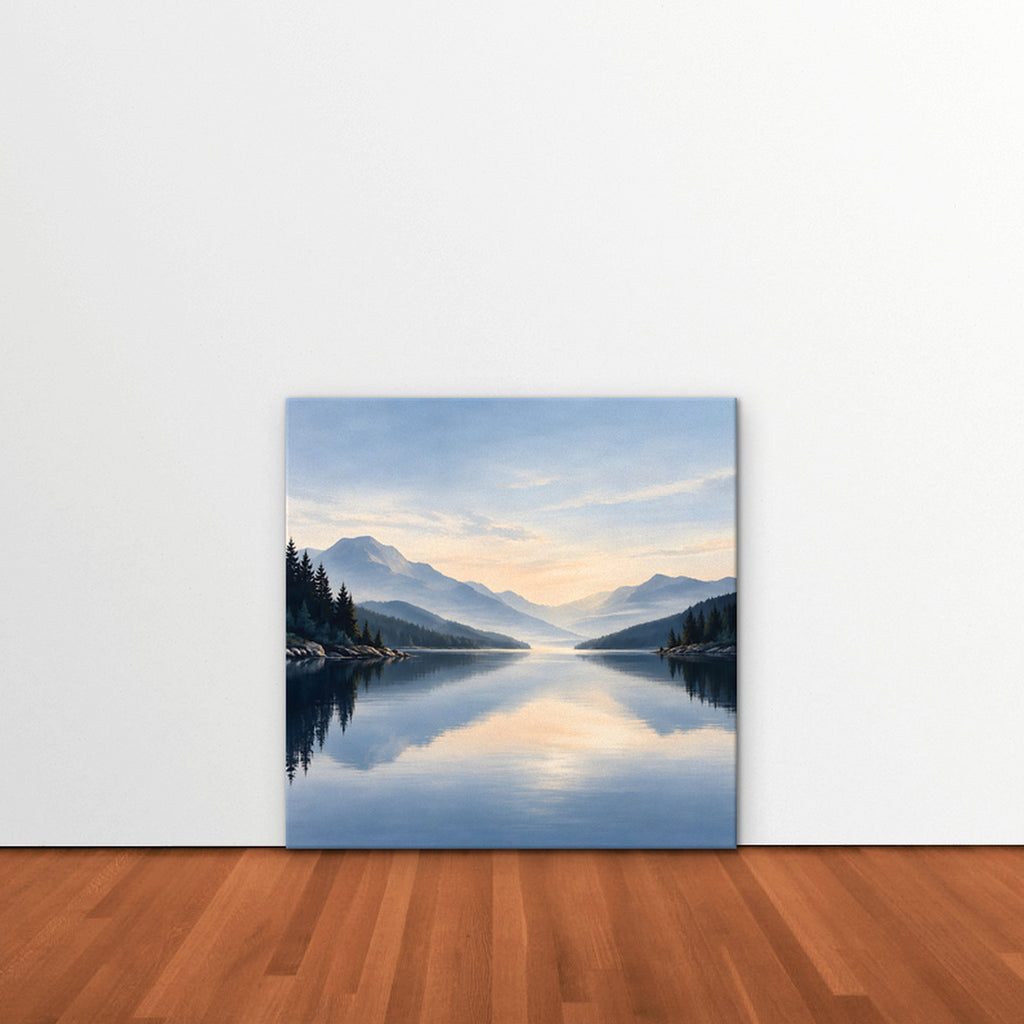 Misty Lake Dawn Canvas Art - Square – Stretched Canvas Only in room setting