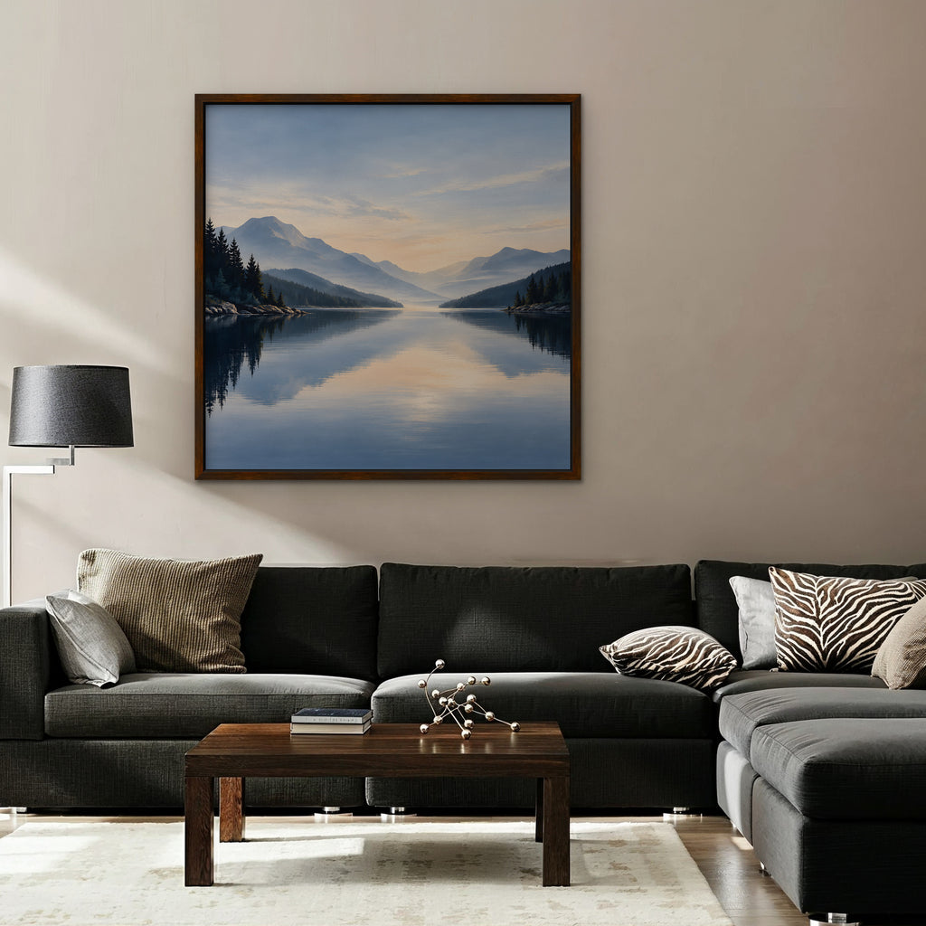Misty Lake Dawn Canvas Art - Square – Walnut Floating Frame in room setting