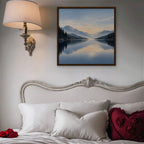 Misty Lake Dawn Canvas Art - Square – Walnut Floating Frame in room setting