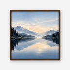 Misty Lake Dawn Canvas Art - Square – Walnut Floating Frame on white background