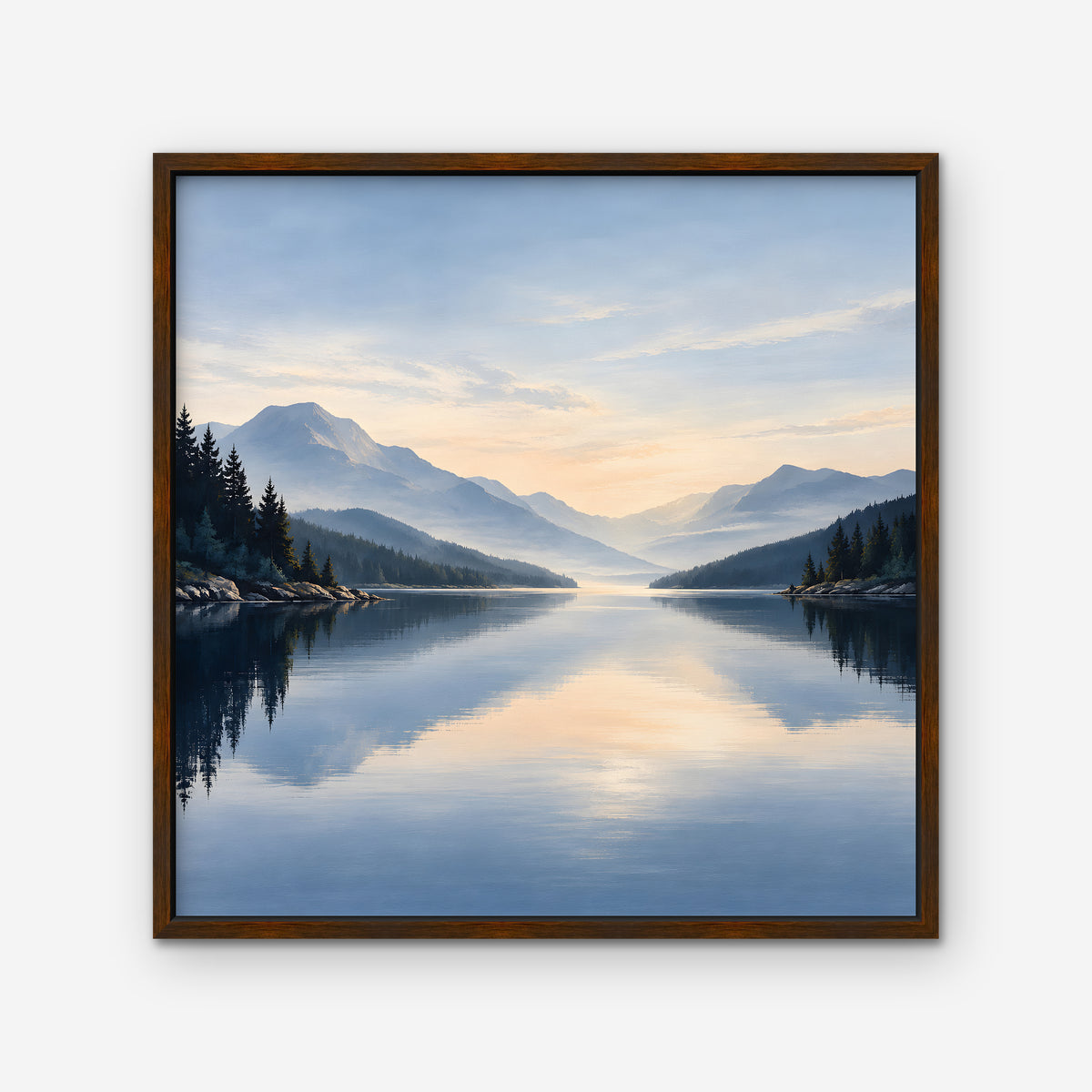 Misty Lake Dawn Canvas Art - Square – Walnut Floating Frame on white background