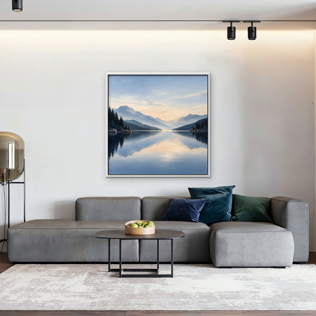 Misty Lake Dawn Canvas Art - Square – White Floating Frame in room setting