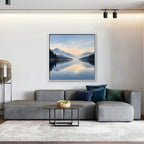 Misty Lake Dawn Canvas Art - Square – White Floating Frame in room setting
