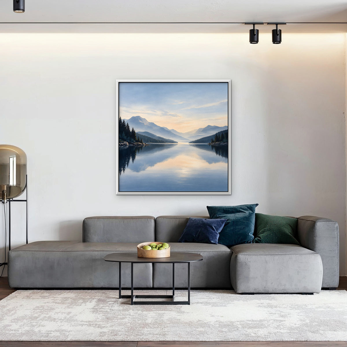 Misty Lake Dawn Canvas Art - Square – White Floating Frame in room setting