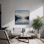Misty Lake Dawn Canvas Art - Square – White Floating Frame in room setting