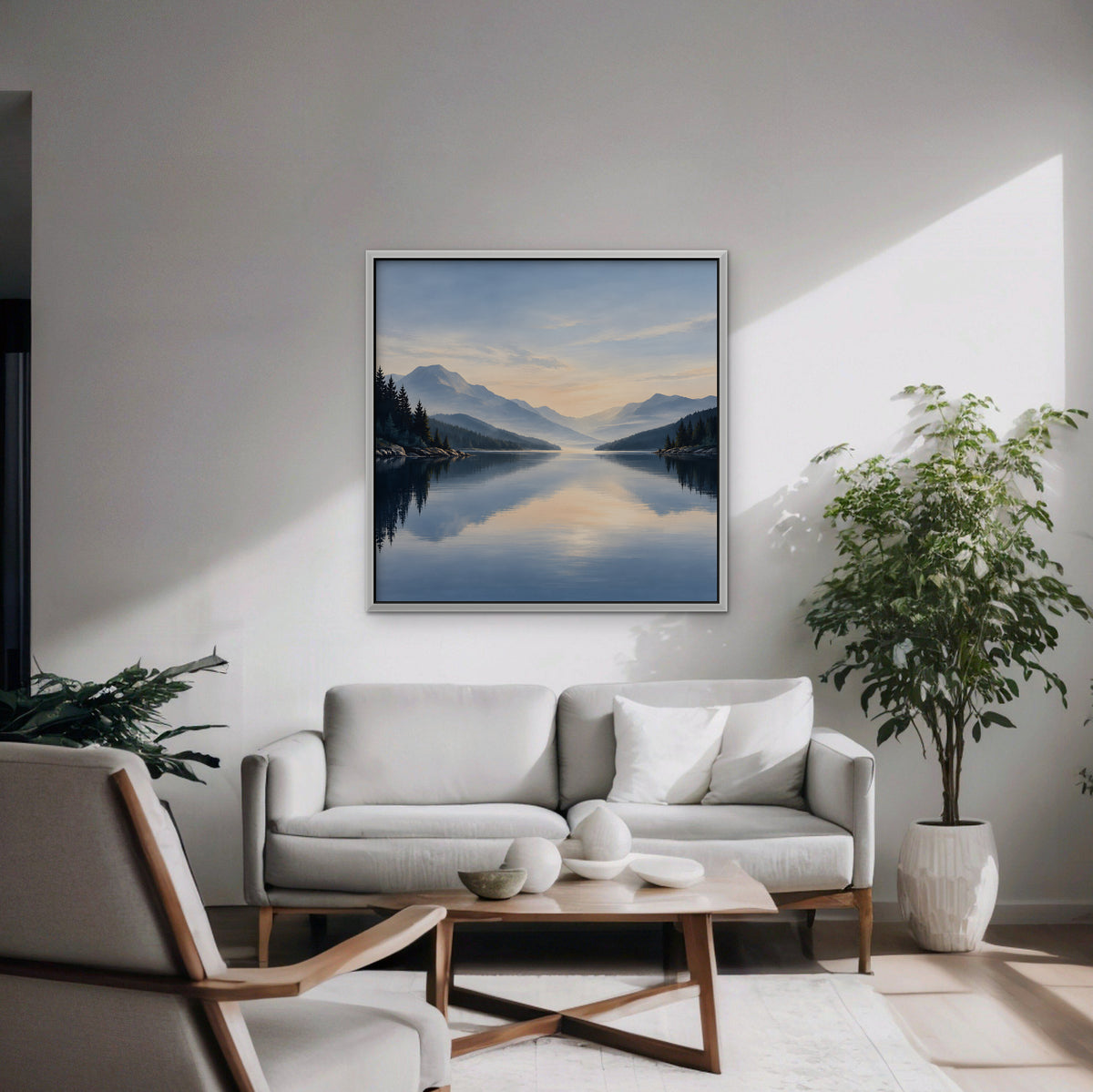 Misty Lake Dawn Canvas Art - Square – White Floating Frame in room setting