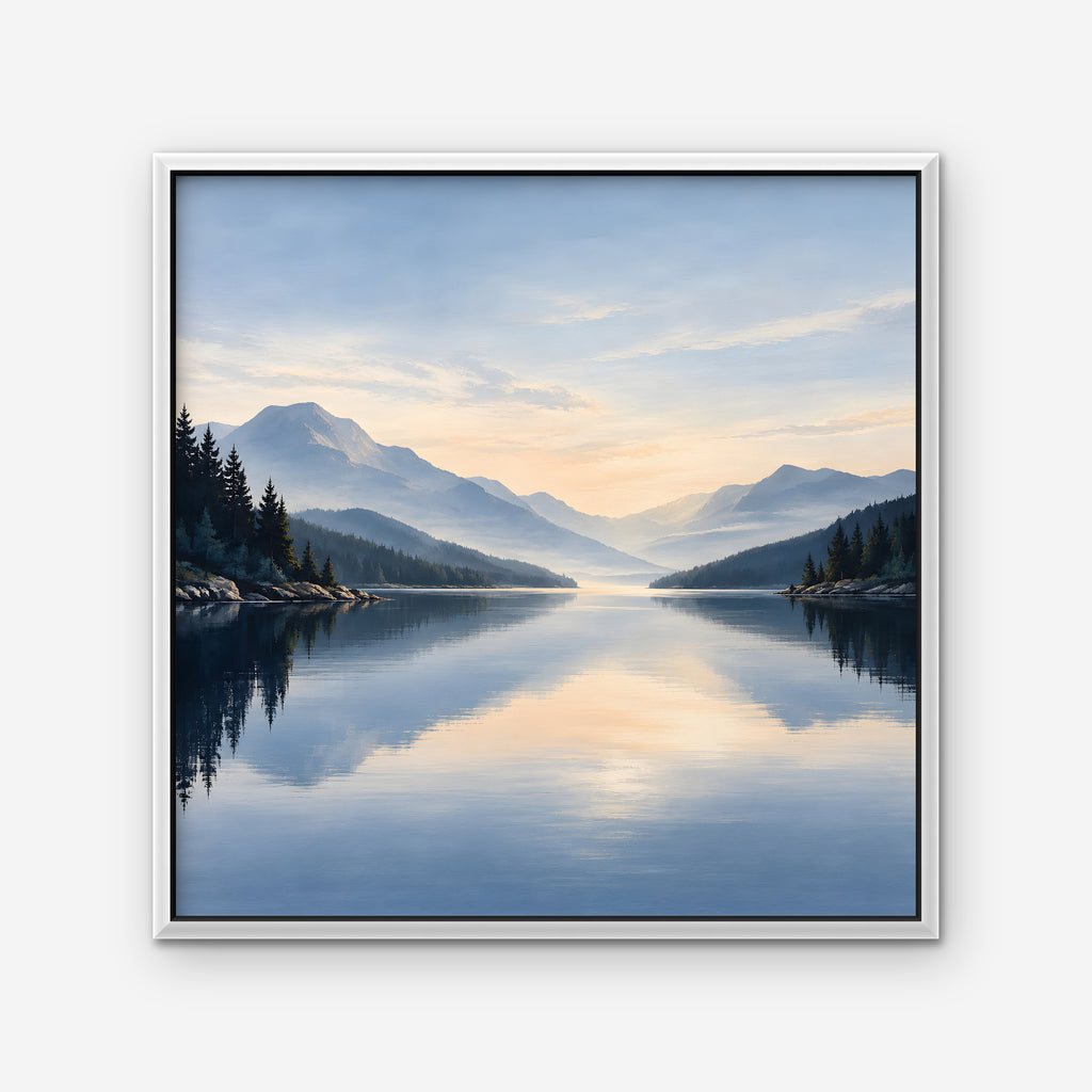Misty Lake Dawn Canvas Art - Square – White Floating Frame on white background