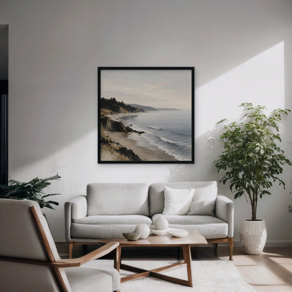 Misty Pine Coast Canvas Art - Square – Black Floating Frame in room setting