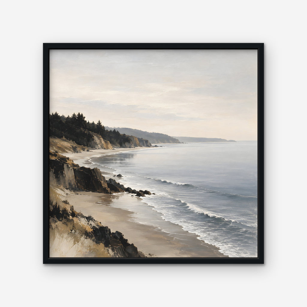 Misty Pine Coast Canvas Art - Square – Black Floating Frame on white background