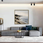 Misty Pine Coast Canvas Art - Square – Gold Floating Frame in room setting