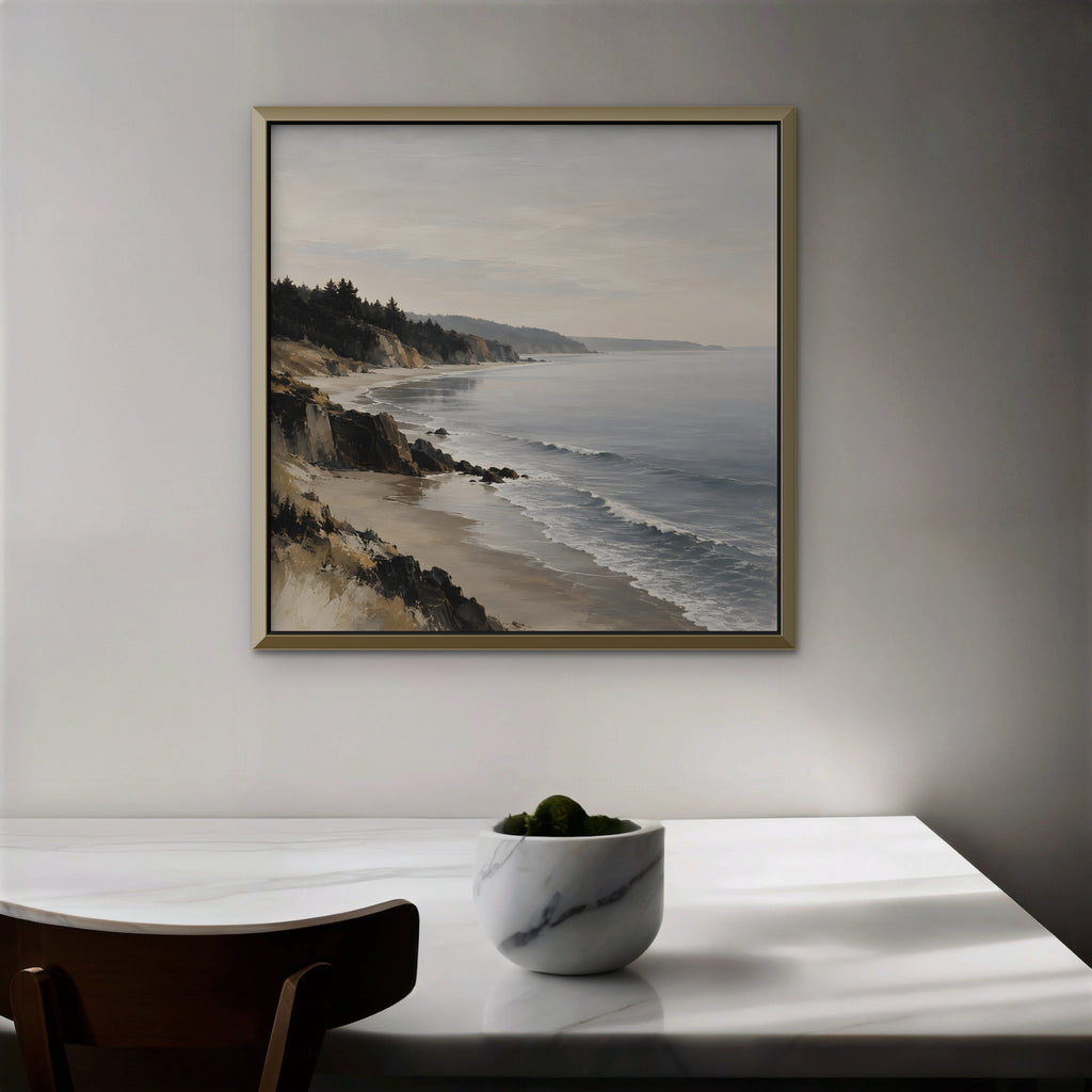 Misty Pine Coast Canvas Art - Square – Gold Floating Frame in room setting