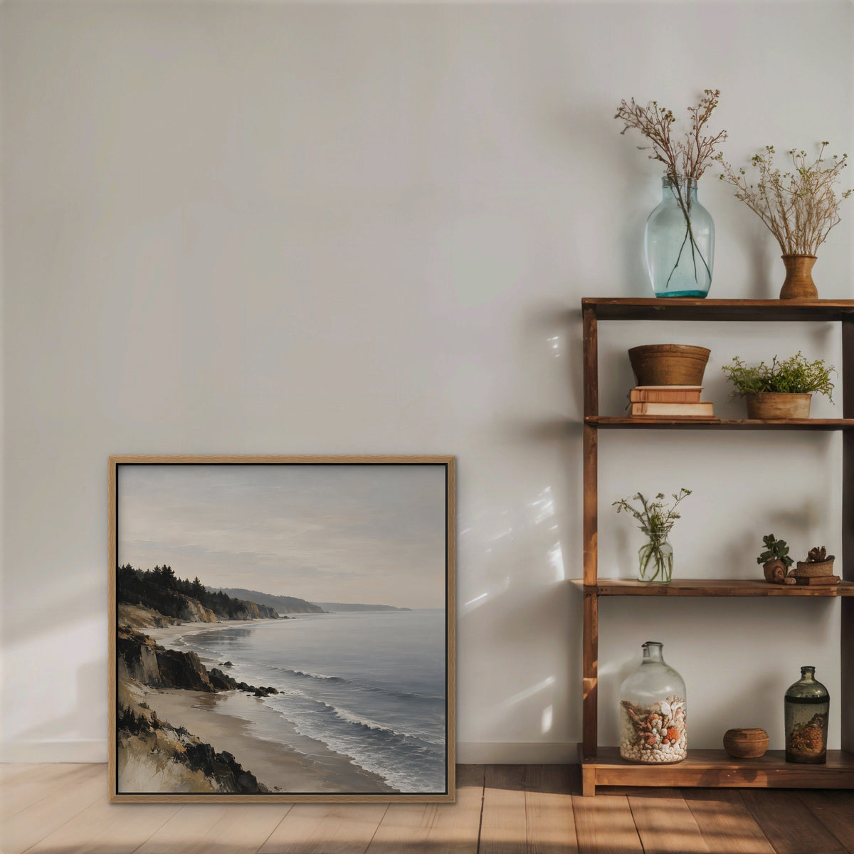 Misty Pine Coast Canvas Art - Square – Oak Floating Frame in room setting
