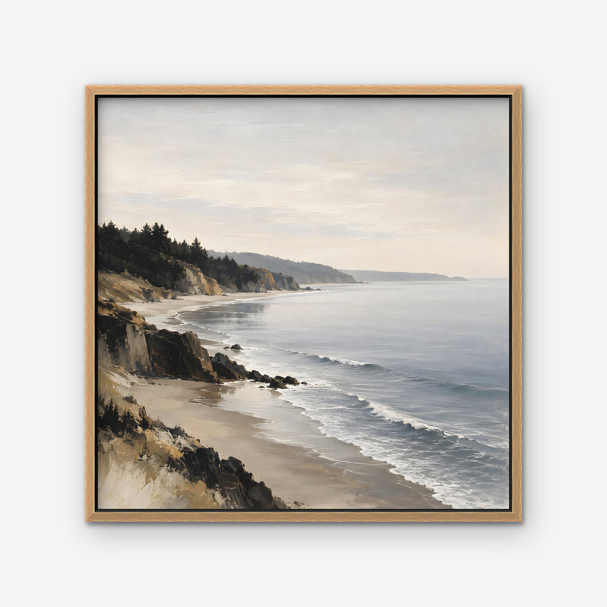 Misty Pine Coast Canvas Art - Square – Oak Floating Frame on white background