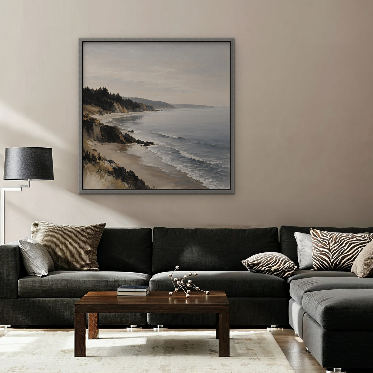 Misty Pine Coast Canvas Art - Square – Silver Floating Frame in room setting