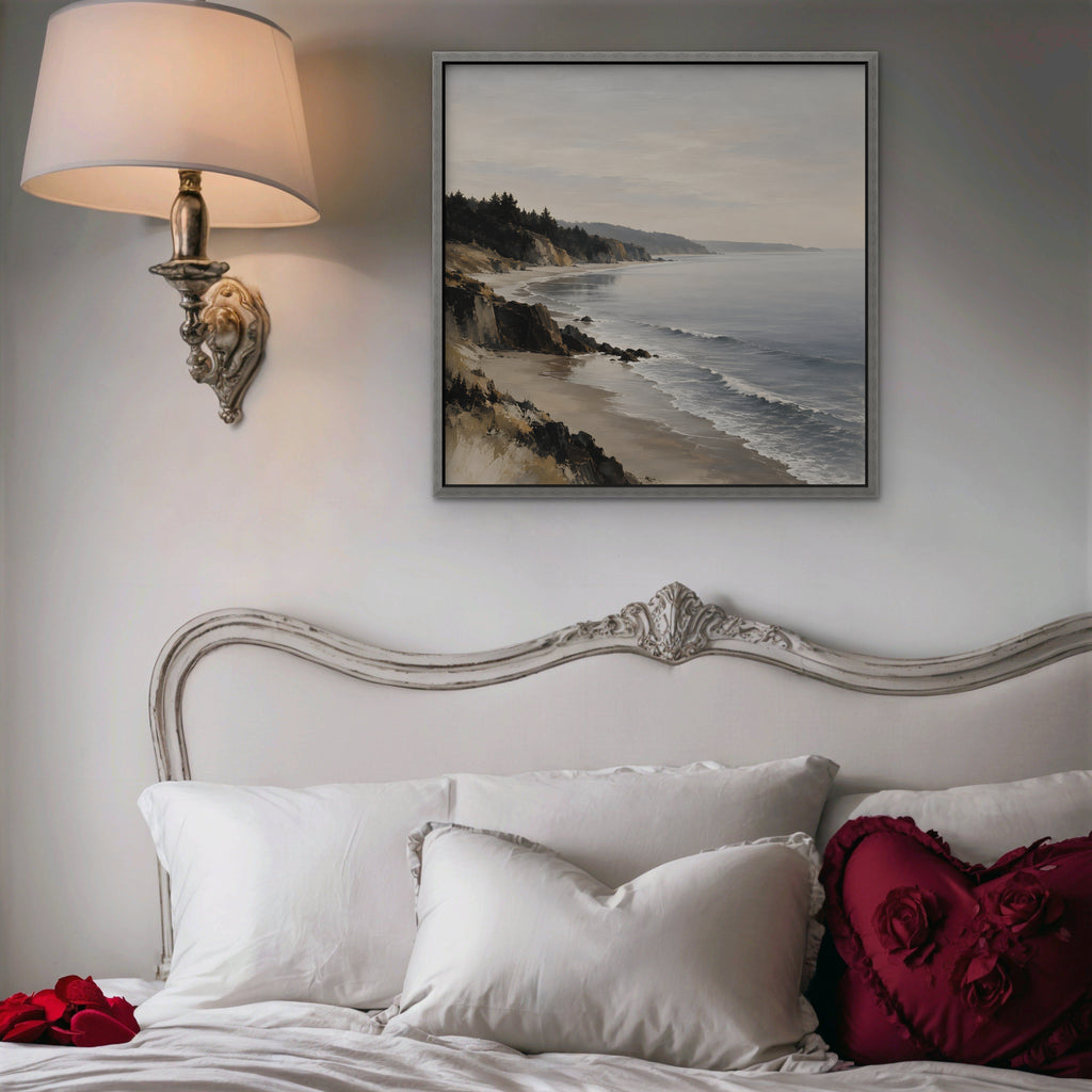Misty Pine Coast Canvas Art - Square – Silver Floating Frame in room setting