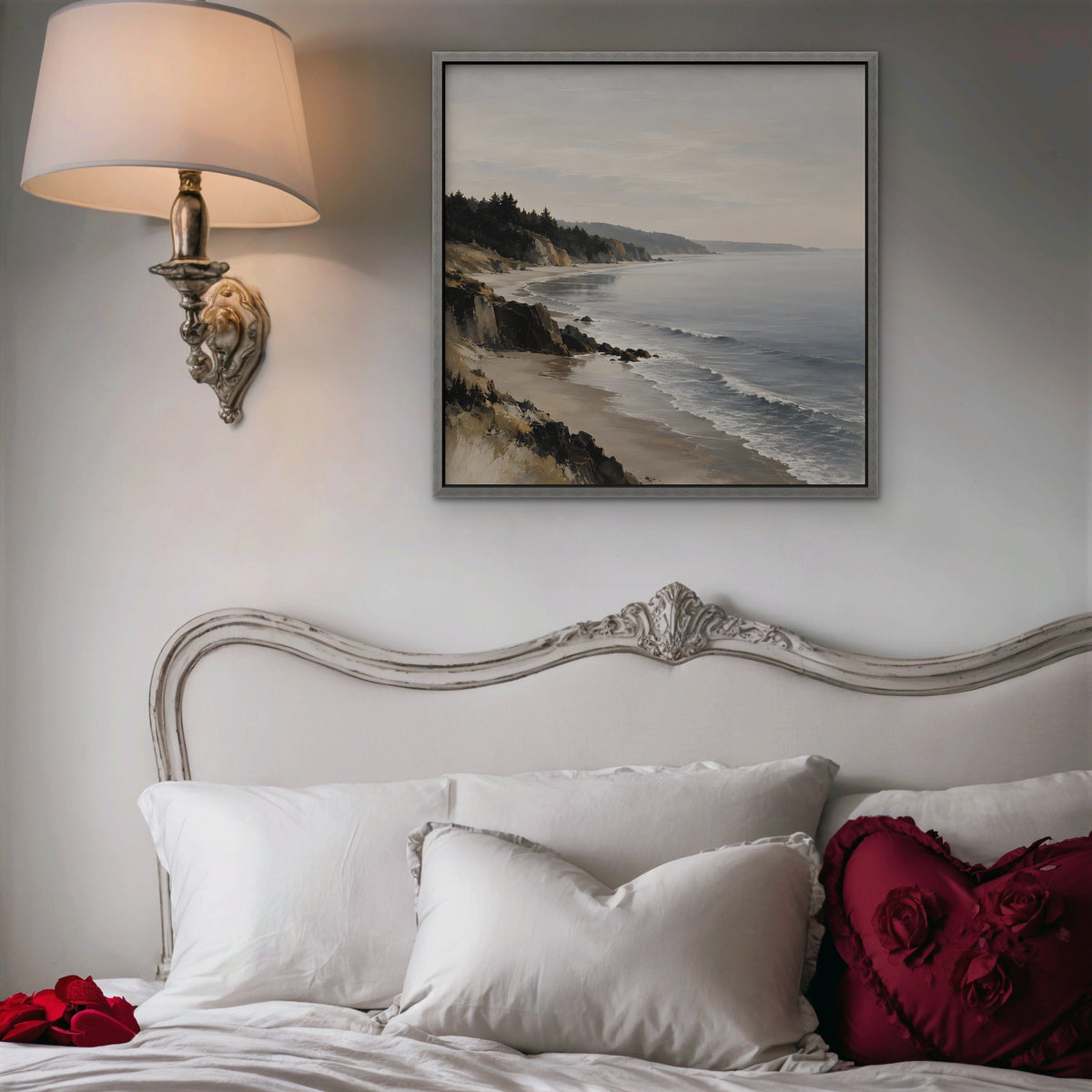 Misty Pine Coast Canvas Art - Square – Silver Floating Frame in room setting
