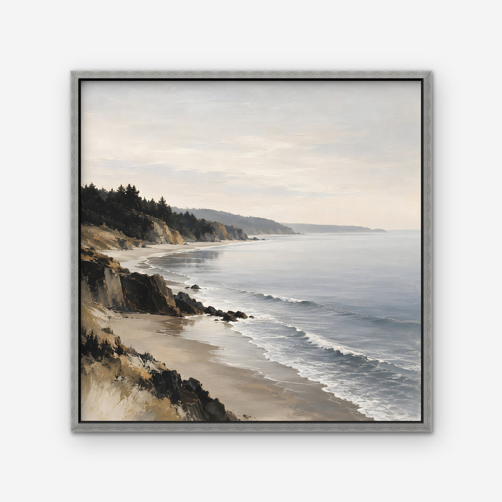 Misty Pine Coast Canvas Art - Square – Silver Floating Frame on white background
