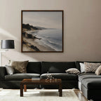 Misty Pine Coast Canvas Art - Square – Walnut Floating Frame in room setting