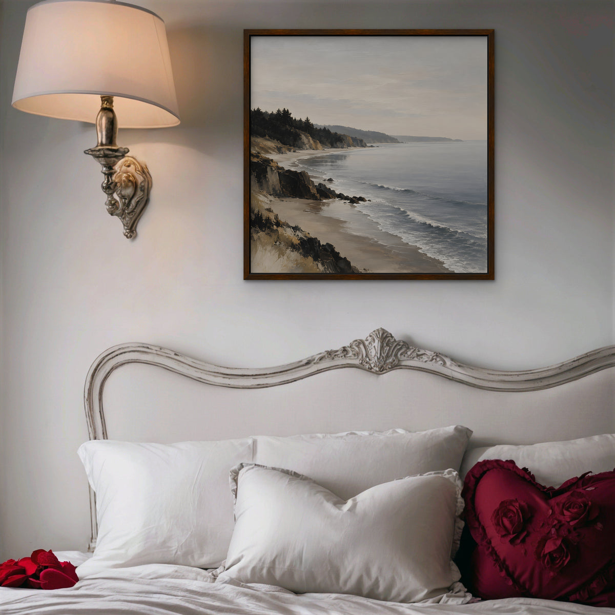 Misty Pine Coast Canvas Art - Square – Walnut Floating Frame in room setting