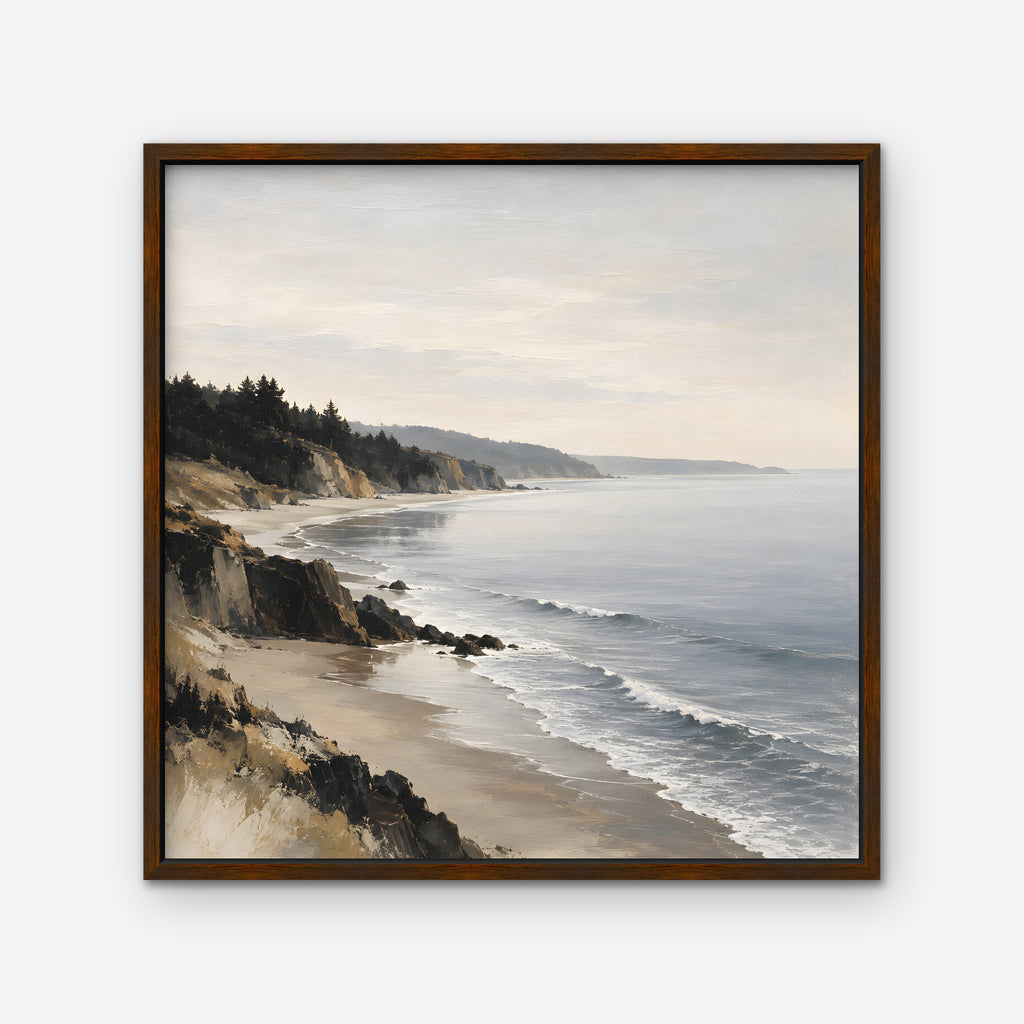 Misty Pine Coast Canvas Art - Square – Walnut Floating Frame on white background