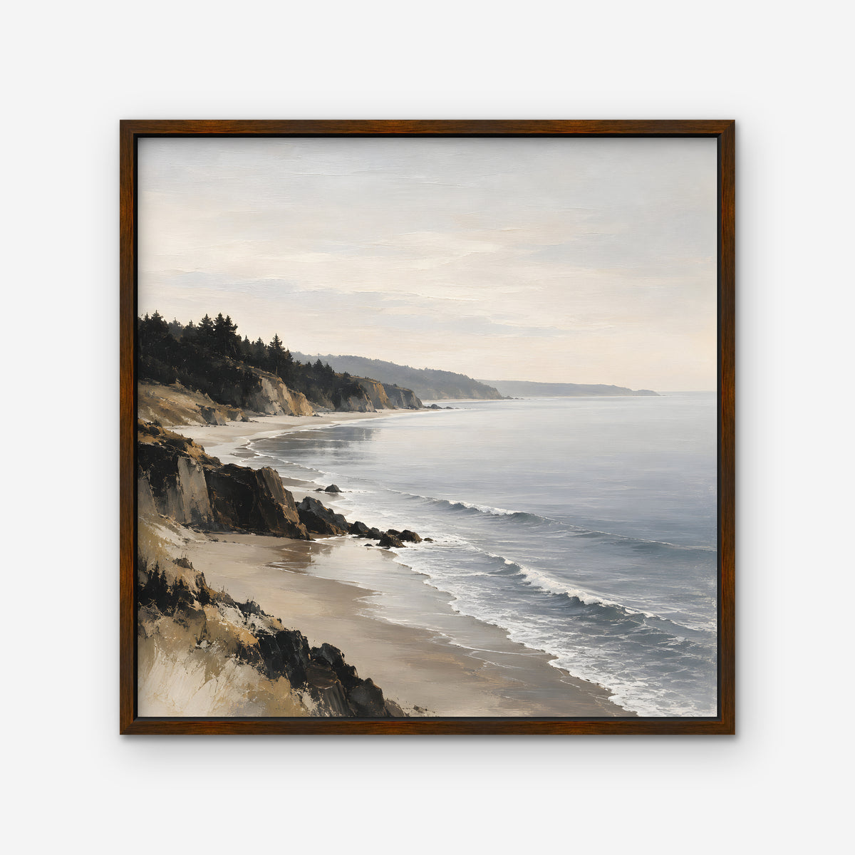Misty Pine Coast Canvas Art - Square – Walnut Floating Frame on white background