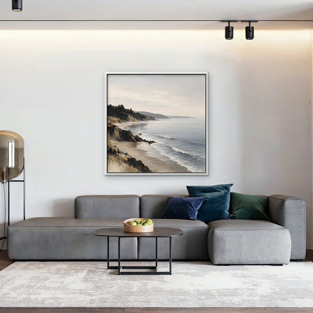 Misty Pine Coast Canvas Art - Square – White Floating Frame in room setting