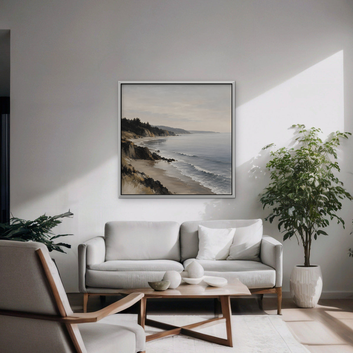 Misty Pine Coast Canvas Art - Square – White Floating Frame in room setting
