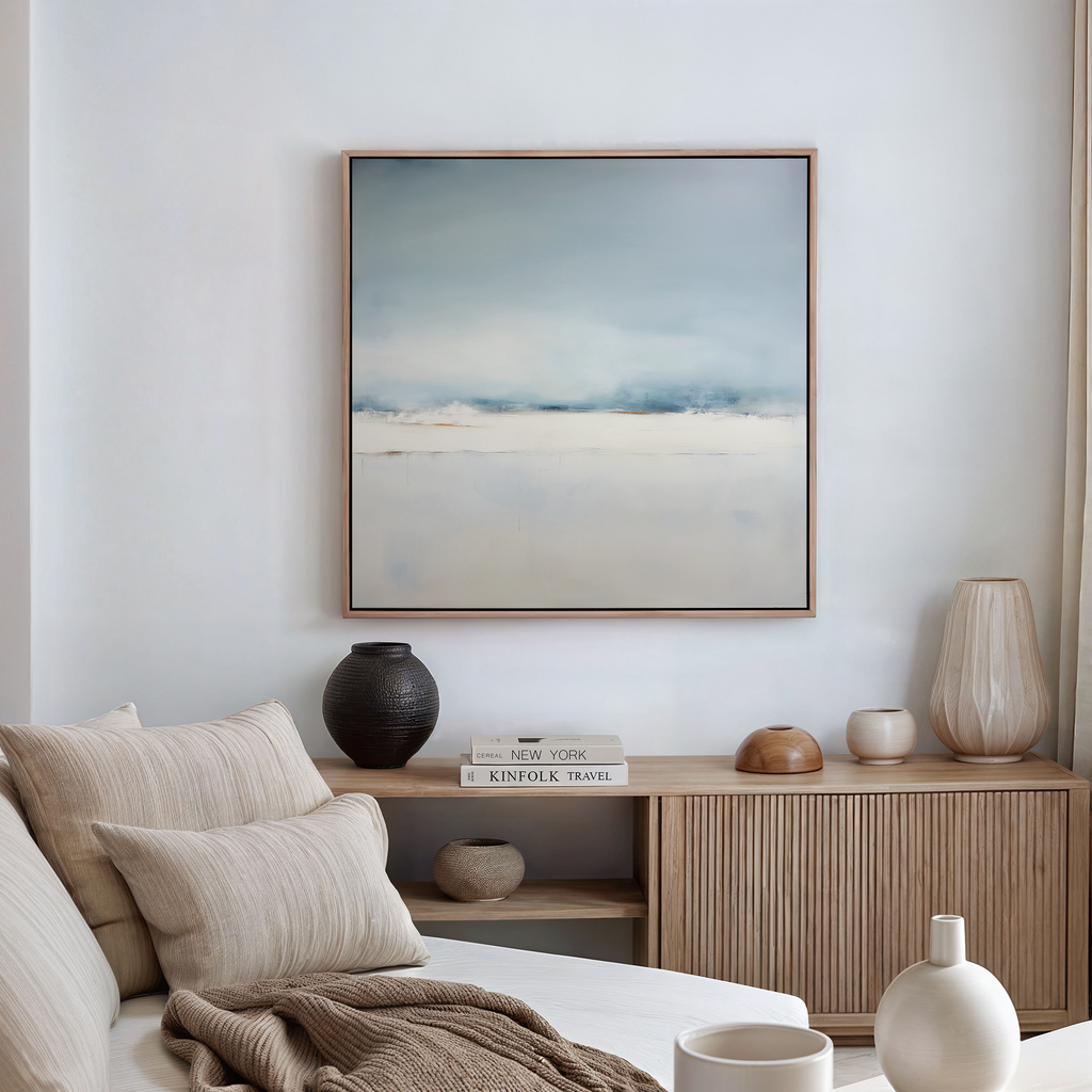 Whisper of the Veiled Shore – blue coastal canvas wall art print by Aspire Prints