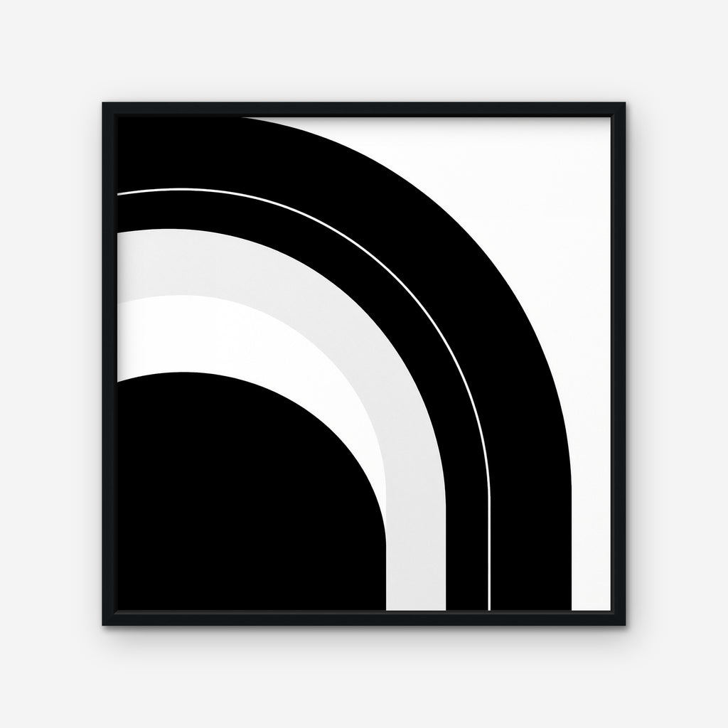 Monochrome Arc Canvas Art – square black and white geometric abstract print in a black floating frame on a white background