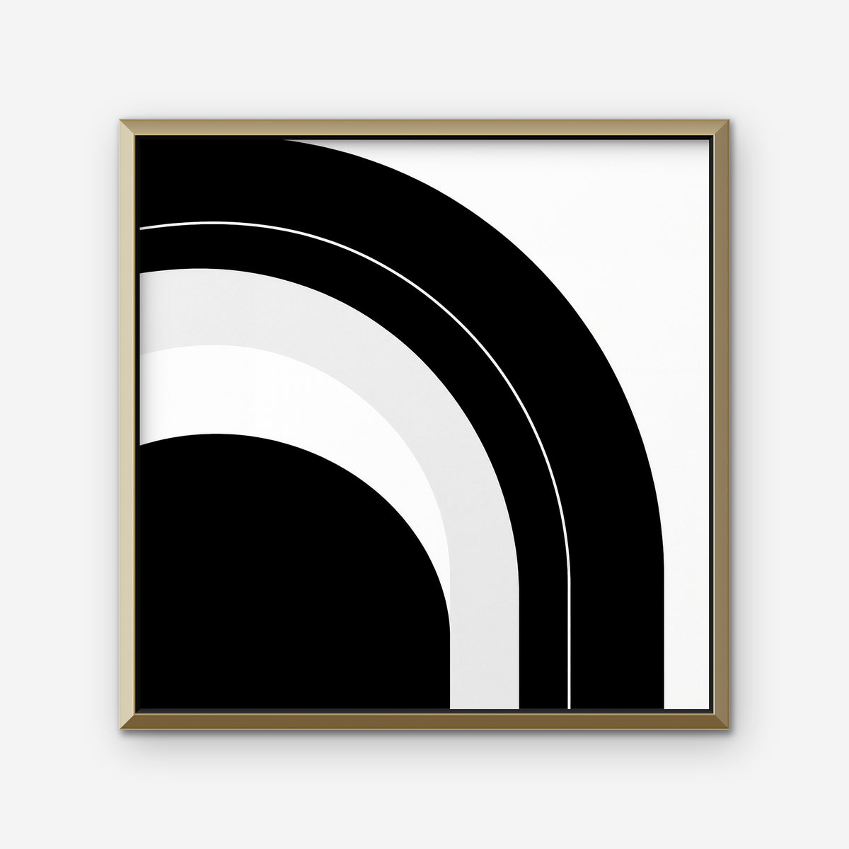 Monochrome Arc Canvas Art – square black and white geometric abstract print in a gold floating frame on a white background