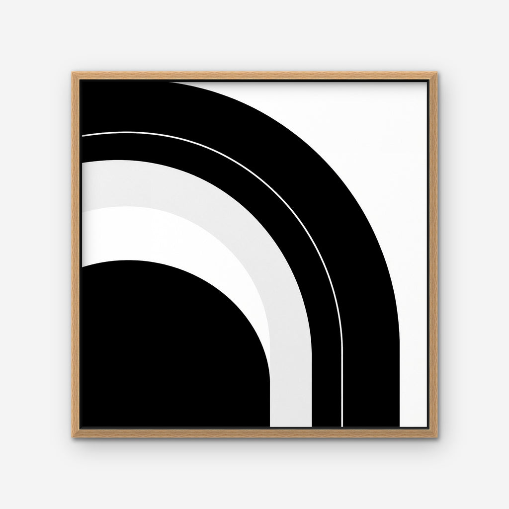 Monochrome Arc Canvas Art – square black and white geometric abstract print in an oak floating frame on a white background